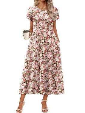 🆕 Womens Summer Dress Bohemian Floral Short Sleeve A Line Long Maxi Beach